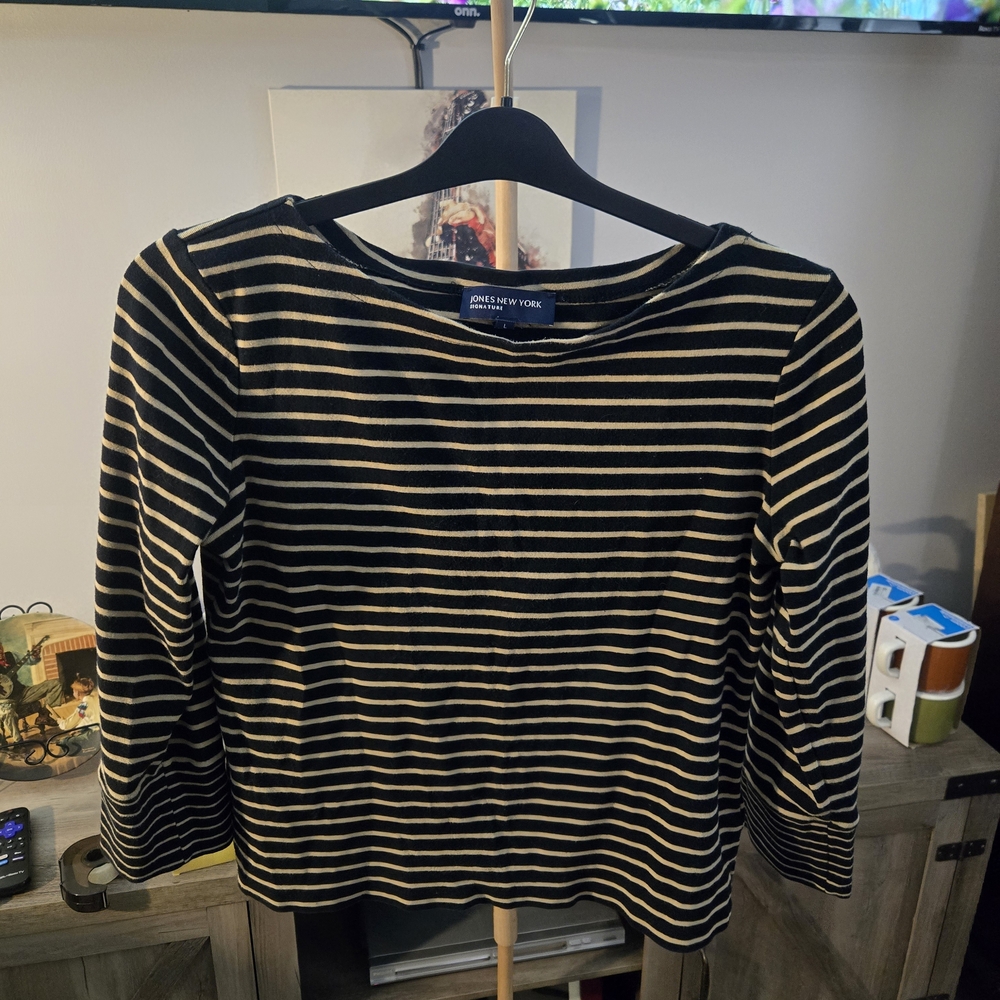 Jones New York Black and Cream Striped Boatneck Top